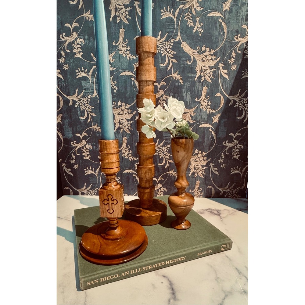Solid Wood Candlestick Set 15" Spindle 8" Cross Candle Holder and Bud Vase 3pc